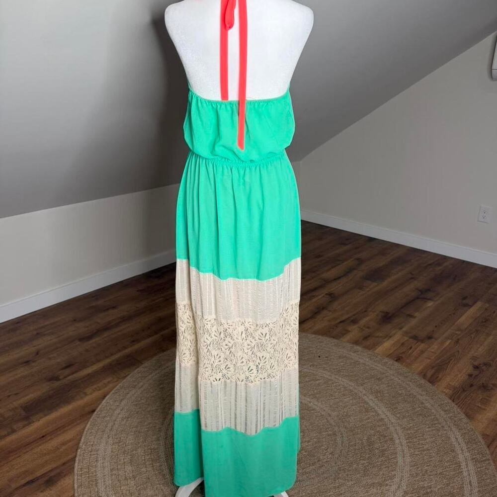 DejaVu Mint Green Lace Halter Maxi Dress Size M Boho Beachy Summer - Picture 3 of 7